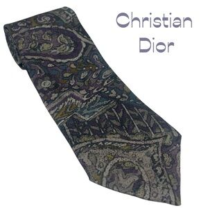 Christian Dior Gray Teal Black Watercolor Print Silk Necktie